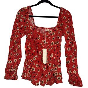 Lovestitch Women's Red Floral Long Sleeve Blouse S With Square Neckline & Peplum